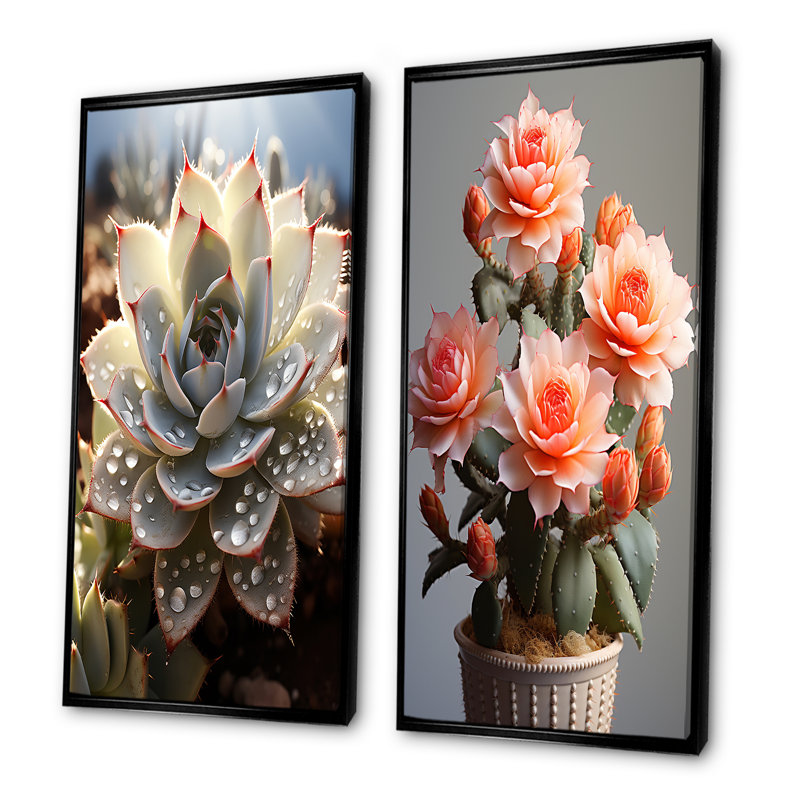 Cactus pêche piquants - ensemble de salon Cactus Wall Art of 2, Cadre flottant noir, H 32 po x l 33 po