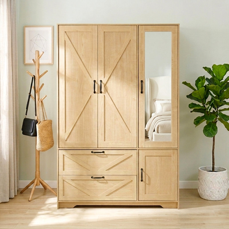 Armoire 71,66 "avec miroir, capteur de lumière, tiroirs et tringle, Light Yellow Wood