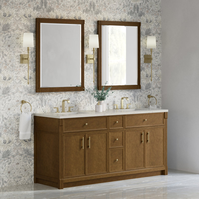 Meuble-lavabo double 72 po Bellshire avec comptoir 3 cm avec chargeur sans fil FreePower, Chêne miel, Silestone sibérien