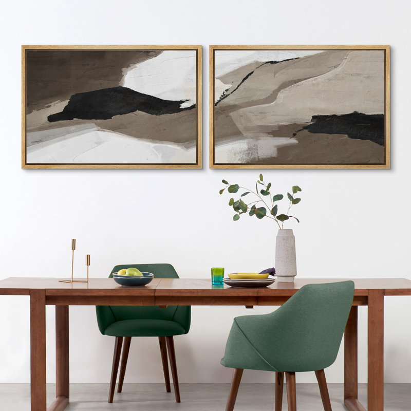Forme Mid-Century «Minimalist Terrain Brown Abstract Rustic Shapes», 2 pièces, H 16 po x l 24 po, Encadré naturel
