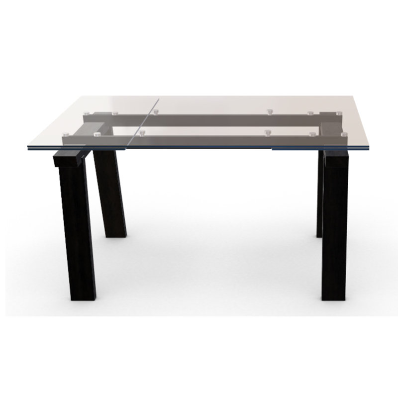 Levante Glass Extendable Table with Wooden Legs, Clear/Black, 30"H x 55.13"L x 35.5"W