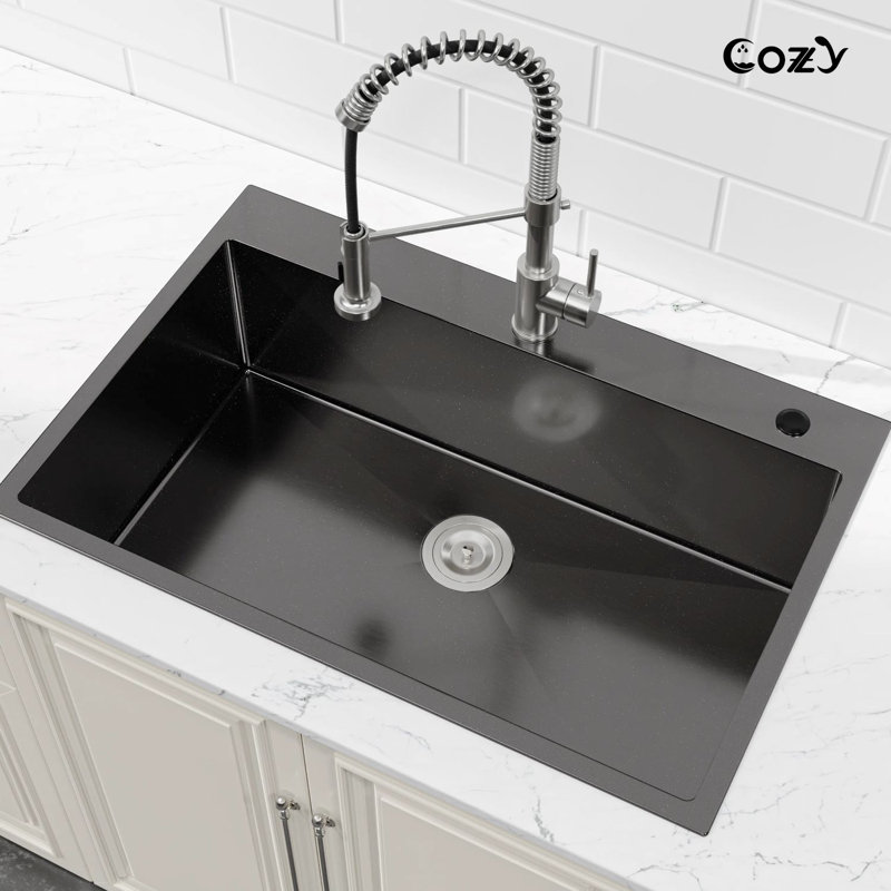 33" L Drop-in Single Bowl Stainless Steel Kitchen Sink with Basket Strainer, Satin Black