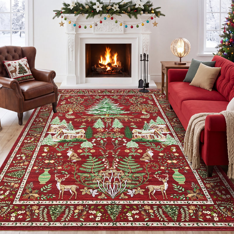Tapis Christmas Forest Wonderland, Rouge, 8 x 10 pi