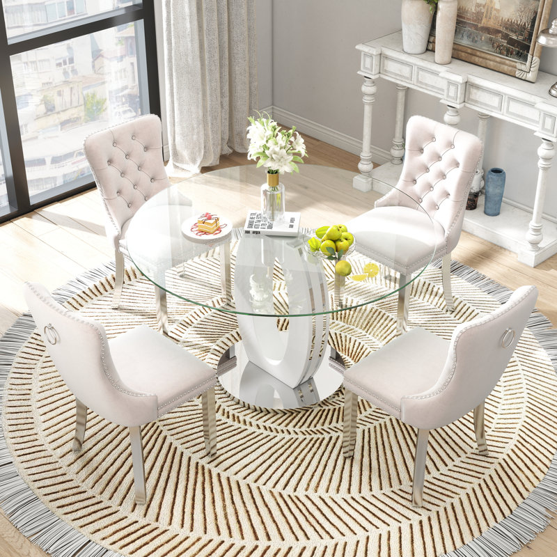 Ensemble de salle à manger 5 pièces, Beige, Blanc / argenté
