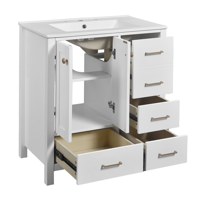 Ensemble de meuble-lavabo autoportant 30 po blanc avec lavabo en céramique, structure en bois massif, 4 tiroirs et portes à fermeture douce | Idée cadeau