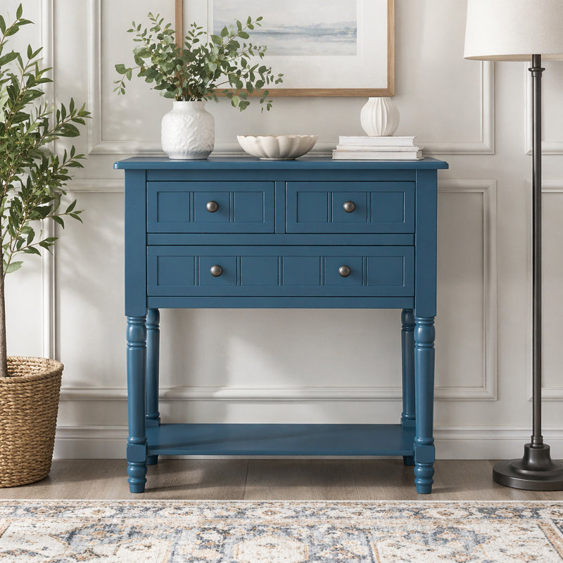 Console étroite avec trois tiroirs de rangement et une tablette inférieure, Navy Blue