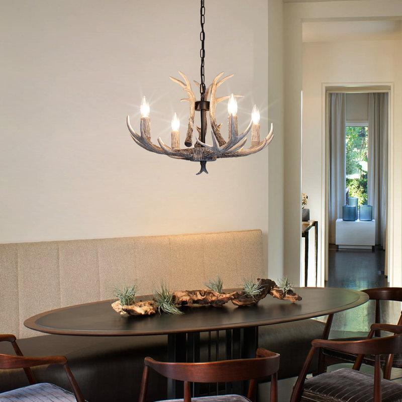4-Light Rustic Faux Antler Resin Chandelier with Adjustable Chain, Matte Black/Natural, 4 Lights