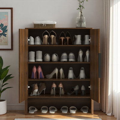 Wooden Fluted Shoe Cabinet With Wide Top Shelf And Adjustable Shelves