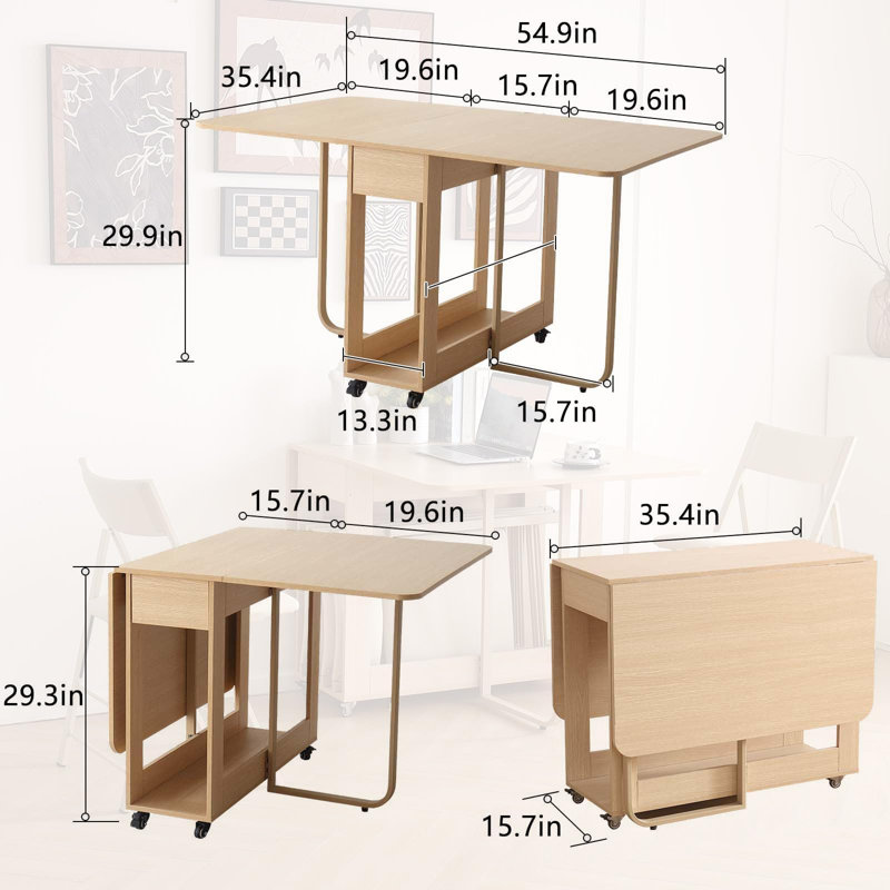 Folding Dining Table with Lockable Wheels & Storage (One Table), One Dining Table, Wood