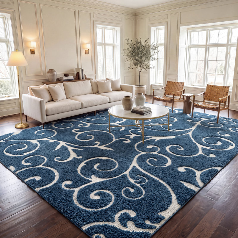 Tapis Amza, Bleu foncé / Crème, Rectangle 9 pi 6 po x 13 pi