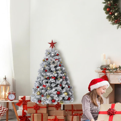 Artificial Christmas Tree with Warm White Lights, Realistic Flocked Material, Festive Christmas Tree with Metal Hinges and Foldable Base, Suitable for Family Gatherings and Office Decoration(Do not include Ornaments & Tree Décor)