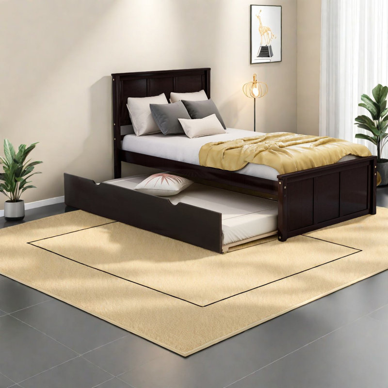 Lit plateforme simple peu encombrant avec lit gigogne en bois, finition espresso moderne