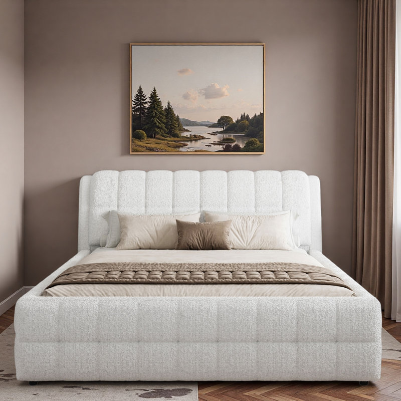 Lit plateforme tapissier avec tête et pieds rembourrés, Blanc / Blanc, Roi