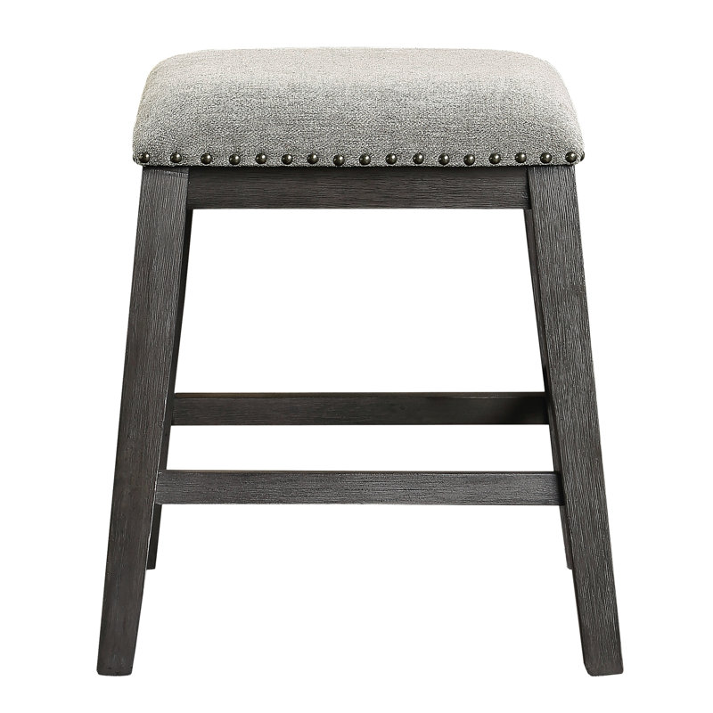 Chaise de salle à manger à hauteur de comptoir pour 2 personnes, revêtement en chenille gris brossé, garniture cloutée en bois 2, finition brossée,