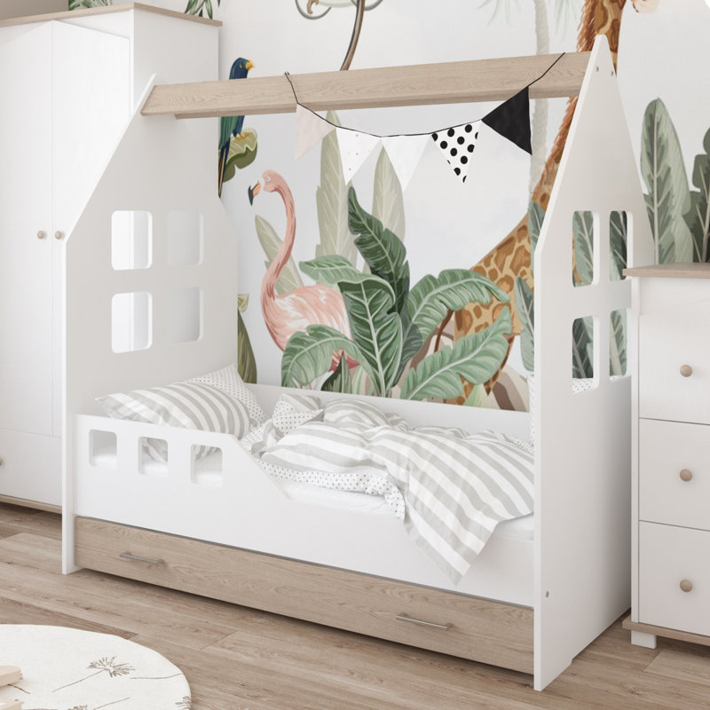 Fralick Cabin Bed House Beds with Storage Included, European Toddler (80 x 180cm), Oak/White