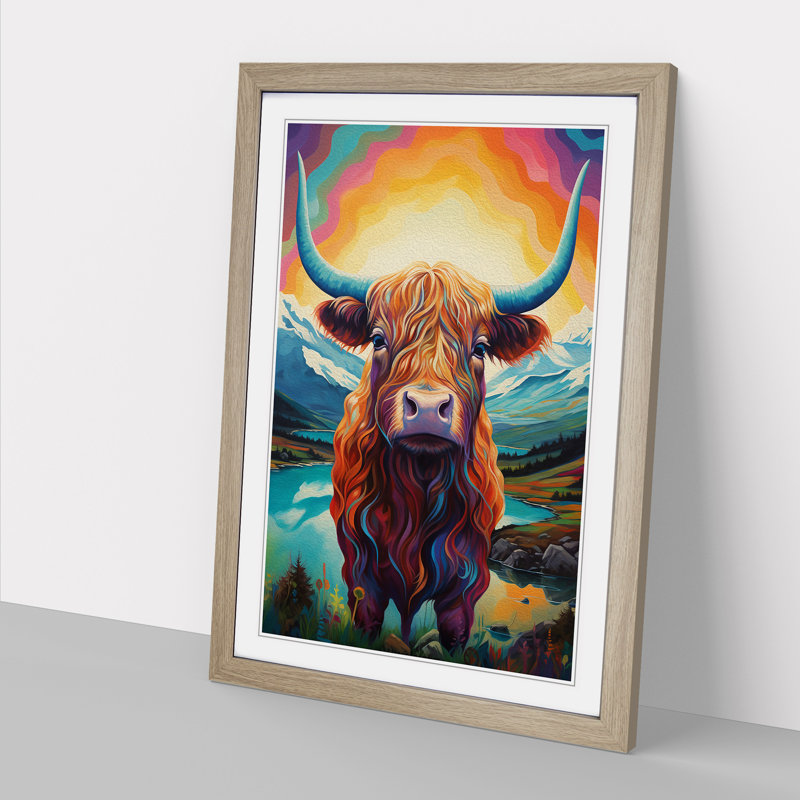 Highland Cow Futurism No.2 - Framed Print, 64cm H x 46cm W x 2cm D, Oak
