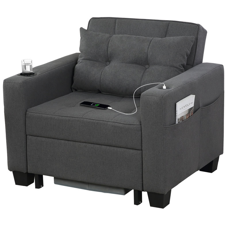 36.6" Wide Convertible Chair with Cup Holders and Side Pockets, Gray Linen