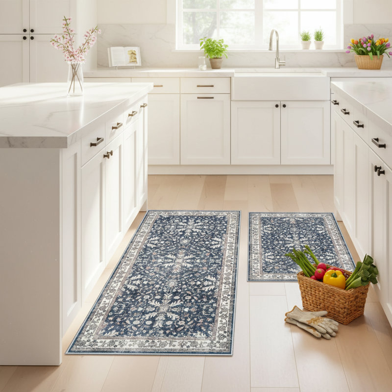 Ensemble de 2 tapis de cuisine lavables antidérapants doux à poils courts Boho, Bleu