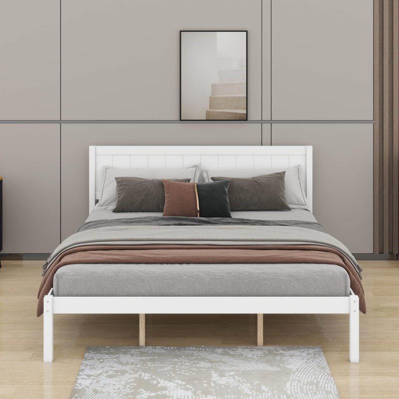 Wood Bed Frame With Headboard, Wood Platform Bed Frame With Slat Support, White