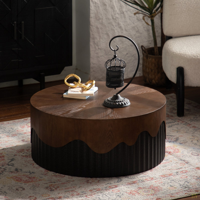 Table basse ronde en bois fabriquée à la main en relief à piédestal robuste pour le salon, sans assemblage
