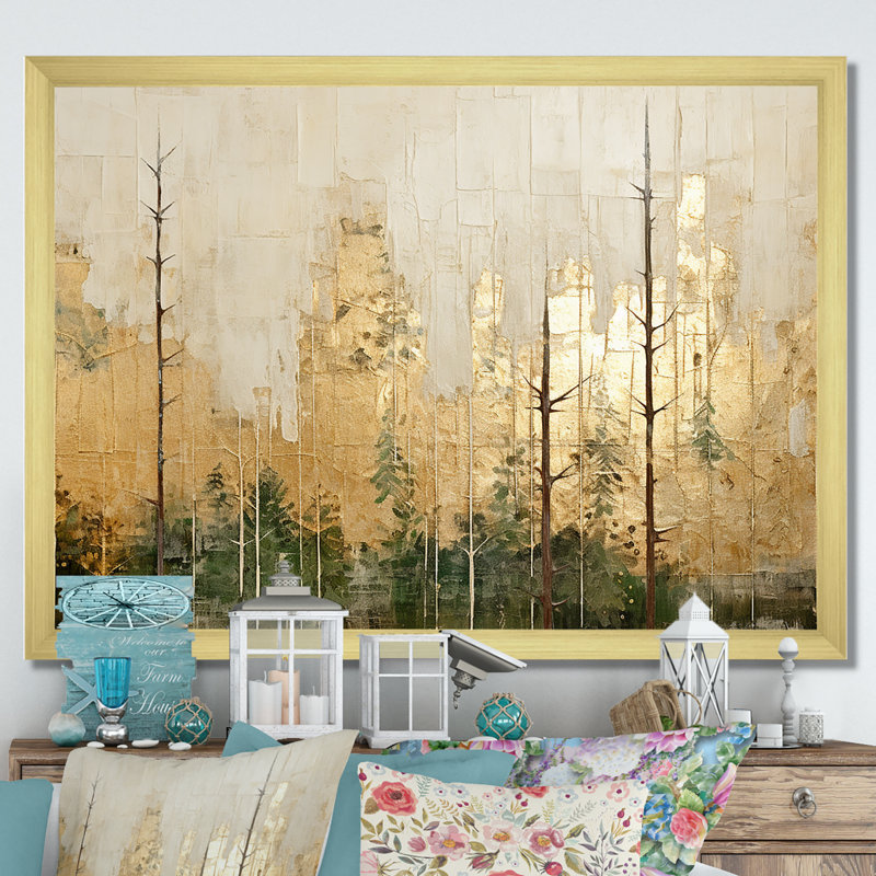 «Minimalisme beige et or forêt I», art mural sur toile forêt, H 30 po x l 40 po x P 1,5 po, Cadre doré simple