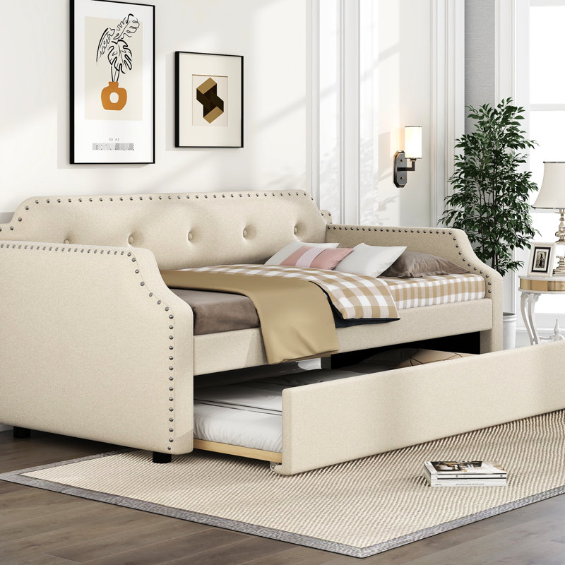 Beige Twin Upholstered Daybed With Trundle And Mattress Support Trundle, Fabric Cover, Beige