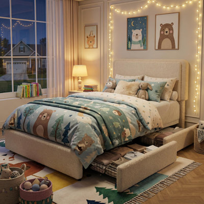 Cream Beige Cozy Fleece Upholstered Twin Bed Frame with Adjustable Cloud Headboard and 2 Storage Drawers No Box Spring Needed