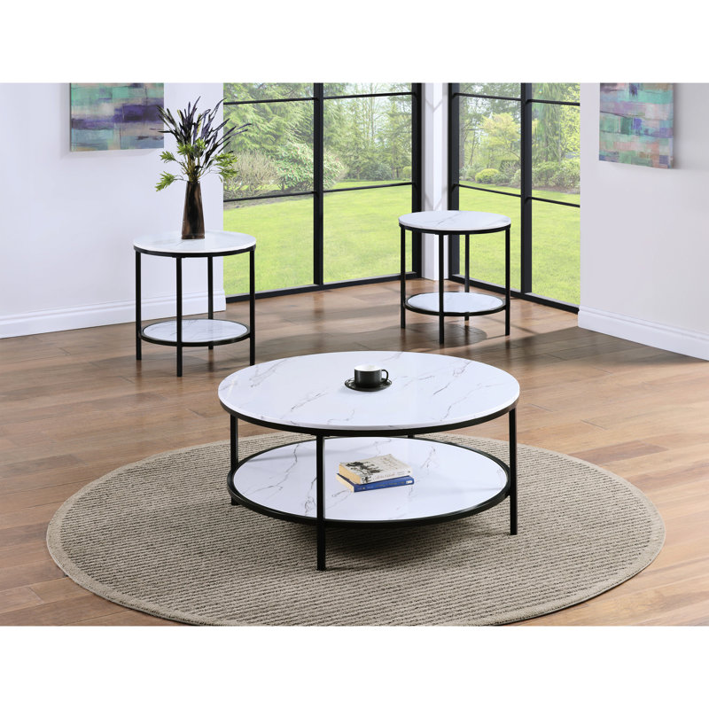 Table de bout en faux marbre avec plateau rond et rangement noir pour le salon Classy