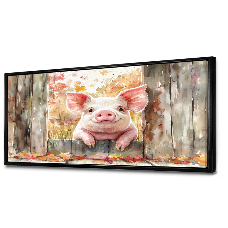 Portrait de cochon à la grange - décoration murale cochon, 16" H x 32" W, Cadre flottant noir