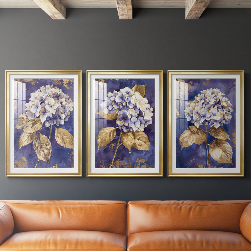 FLORAL Series CCXV - Impression encadrée sur mesure de qualité supérieure - 3 pièces, H 15 po x l 19 po, Doré