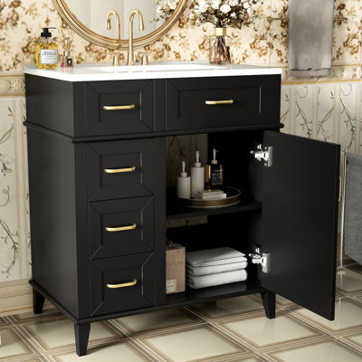 Armoire de salle de bain 30 po, lavabo en céramique, tablette réglable, 3 tiroirs à fermeture en douceur, bois massif noir, meuble-lavabo moderne 30 po avec lavabo, fonction, tablettes, armoire,