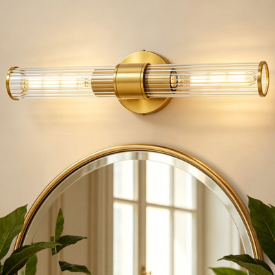 Almetta 2 - Applique murale de salle de bain couleur or pâle à intensité variable avec abat-jour en verre rayé, luminaires de bar pour salle de bain