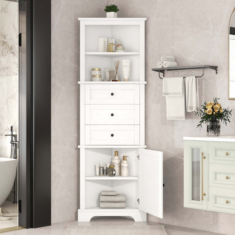 Triangle MDF Board Tall Storage Cabinet With 3 Drawers And Adjustable Shelves For Bathroom, Kitchen Or Living Room, White