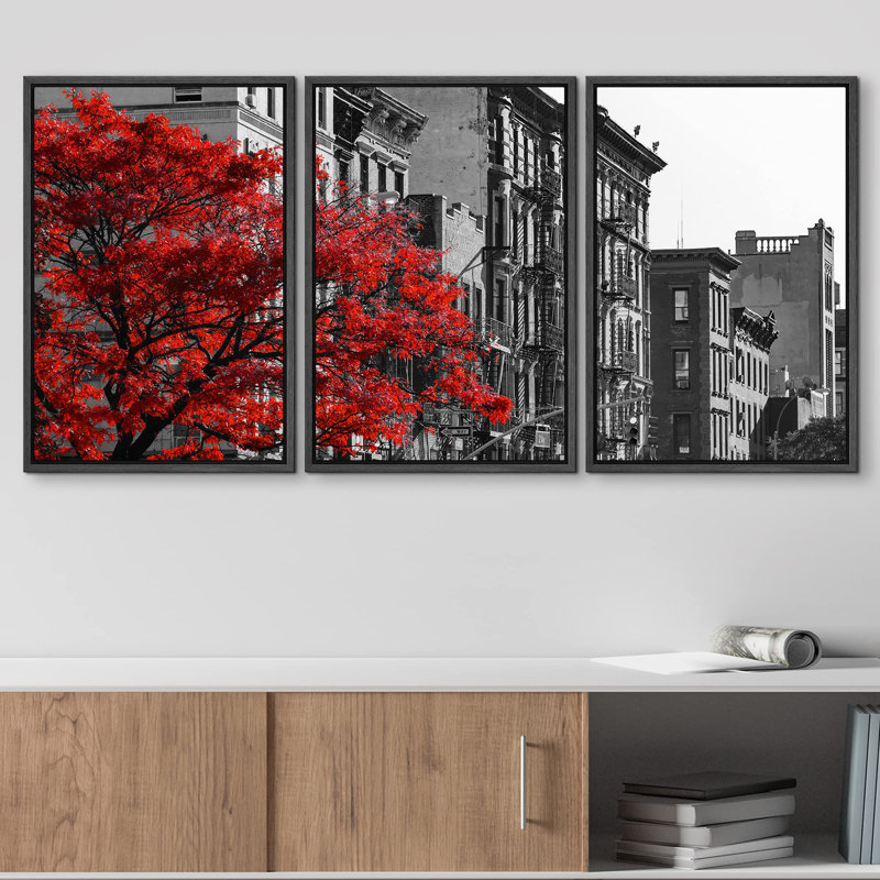 Arbre rouge dans les bâtiments de la scène de rue de New York, décor moderne en noir et blanc, Cadre flottant noir