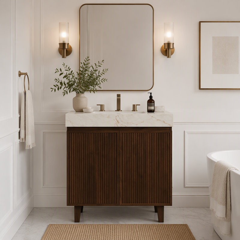 24" Freestanding Bathroom Vanity with Sintered Stone Top, Undermount Ceramic Basin and Soft-Close Doors, Beige+Gold,Walnut