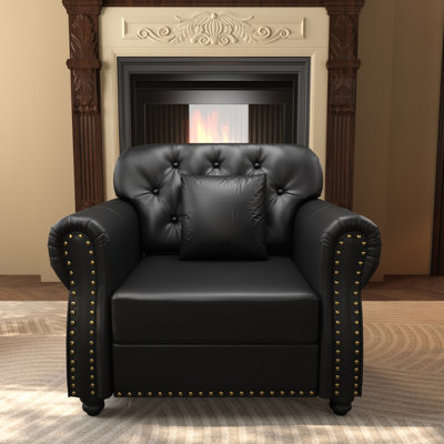 Canapé de 41,3 po rembourré en similicuir avec garniture cloutée et accoudoirs roulés, canapé de style Mid-Century Chesterfield avec capitonnage à boutons, comprend 1 oreiller, noir