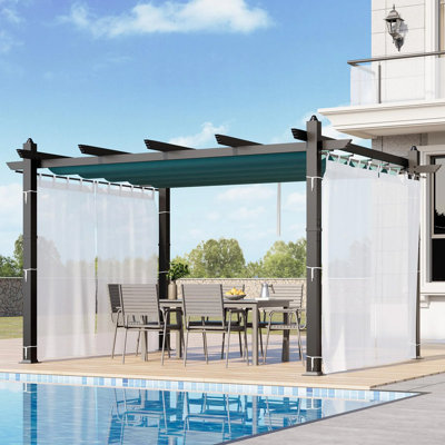 10x13ft Outdoor Pergola with Canopy & Side Mesh – Upgraded Gray Aluminum Pavilion for Backyard, Patio & Porch, Blue+White