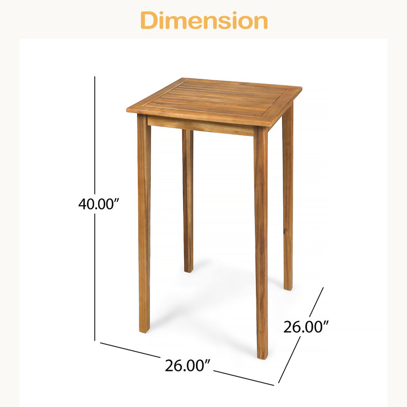 Table de bar d'extérieur carrée en bois d'acacia minimaliste, structure moderne et robuste, Teak