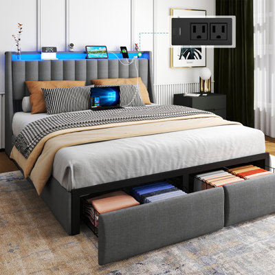 Full Bed Frame with Headboard and Charging Station,Upholstered Bed with 2 Storage Drawers and LED Lights