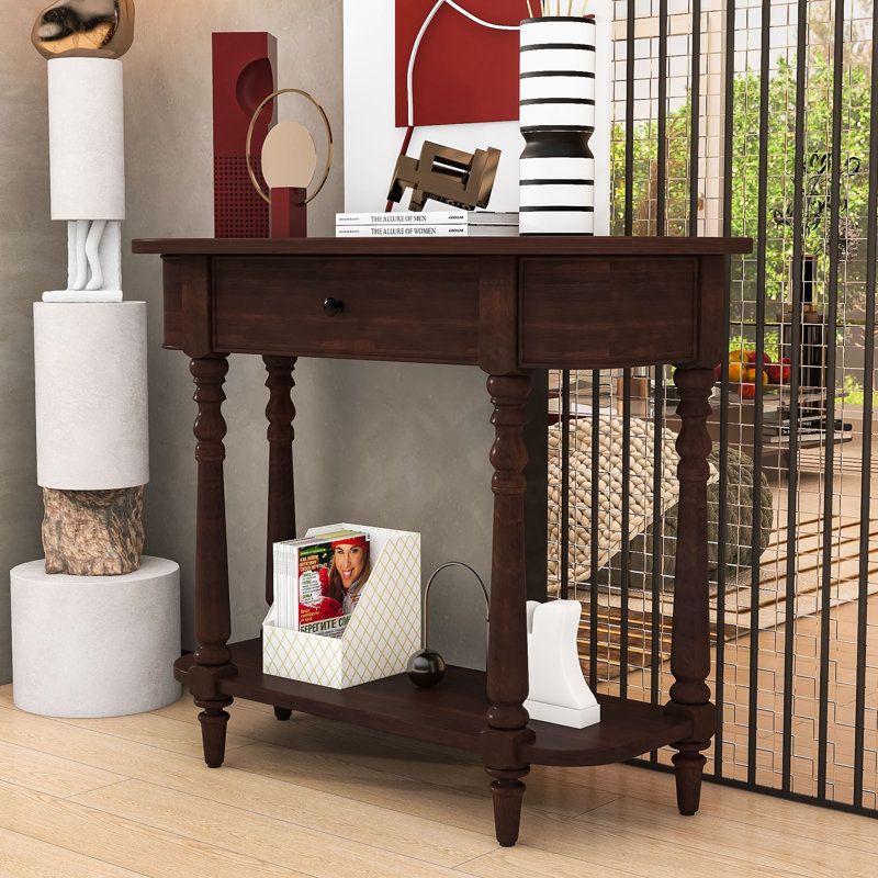 Farmhouse Narrow Wood Console Table with Drawer, Open Shelf and Curved Corner Design, Espresso