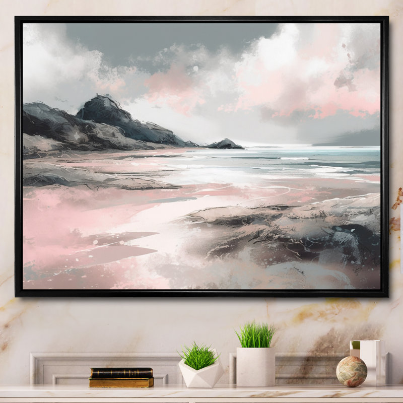 «Pink Coastal Waves I - Modern Beach», reproduction sur toile, H 24 po x l 32 po x P 1 po, Cadre flottant noir