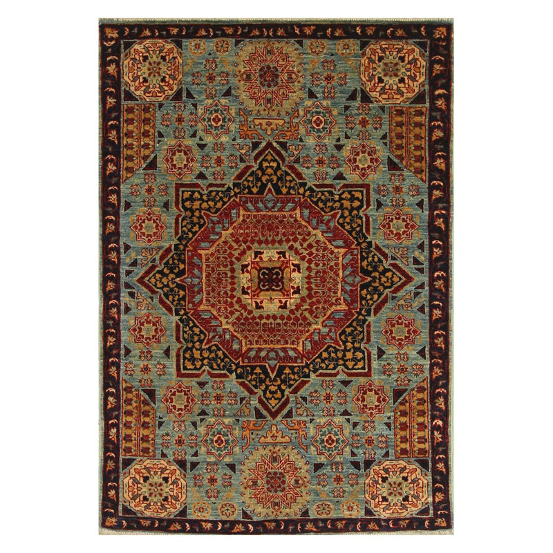 Tapis unique nouvel âge 2 pi 9 po x 4 pi Mamluk en bleu clair / fuchsia / rouge / brun