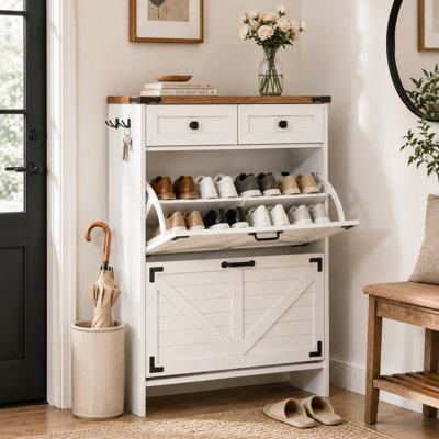 Meuble à chaussures 16 paires avec tiroirs, rangement rabattable et crochets