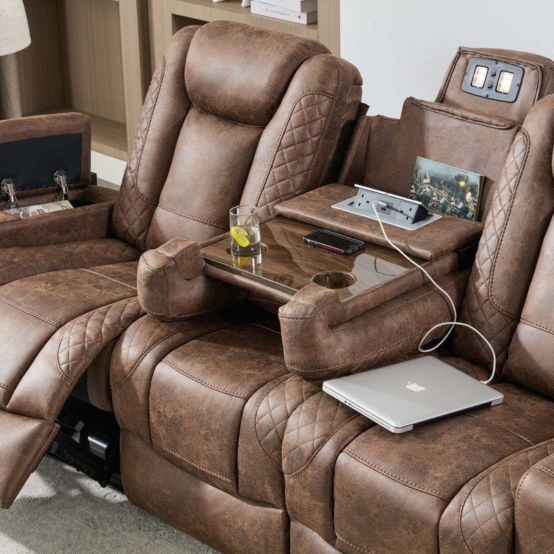 Bhopinder 3 Seater Linen Electric Reclining Sofa, Brown Fabric