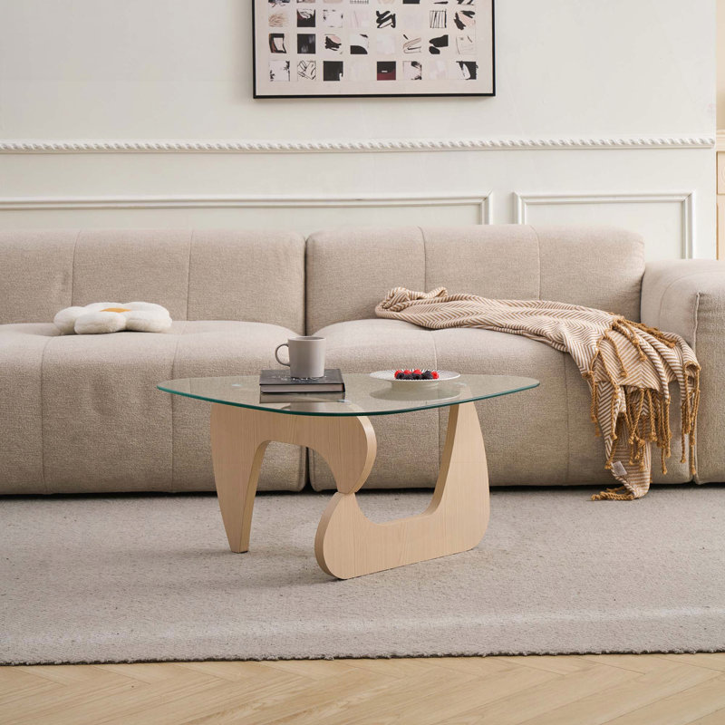 Table basse Mid-Century moderne en verre avec base en chêne massif - brun noyer, H 15,74 po x L 29,5 po x l 43,3 po, Brun