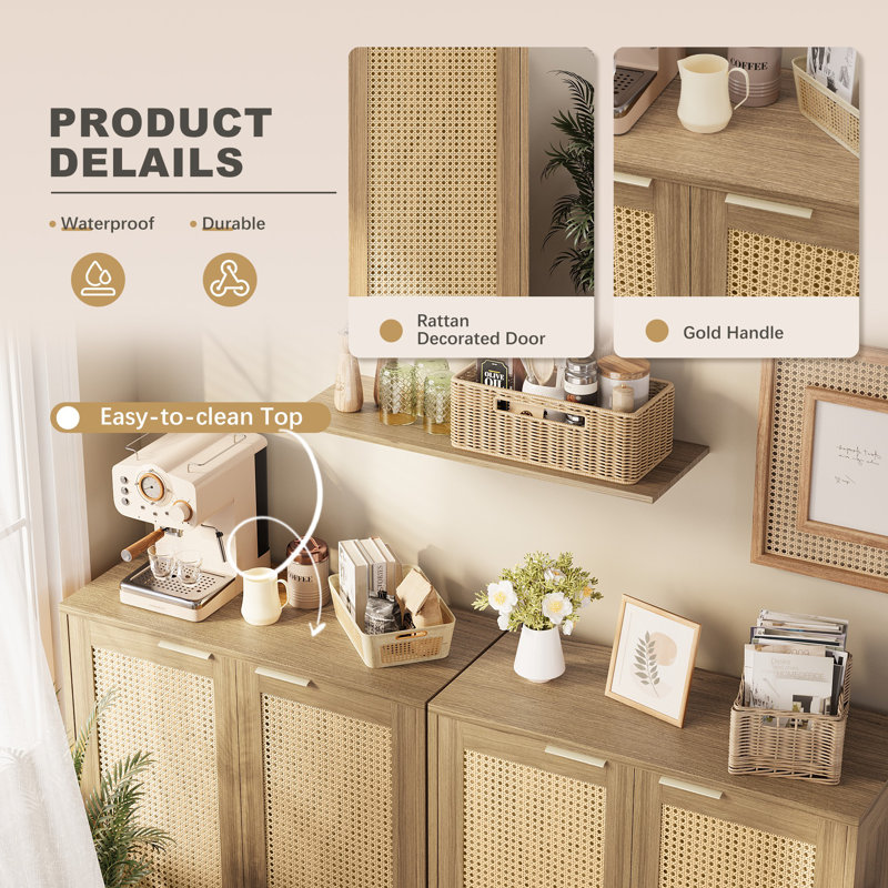 Beige Rattan Door Sideboard Set with Adjustable Shelves