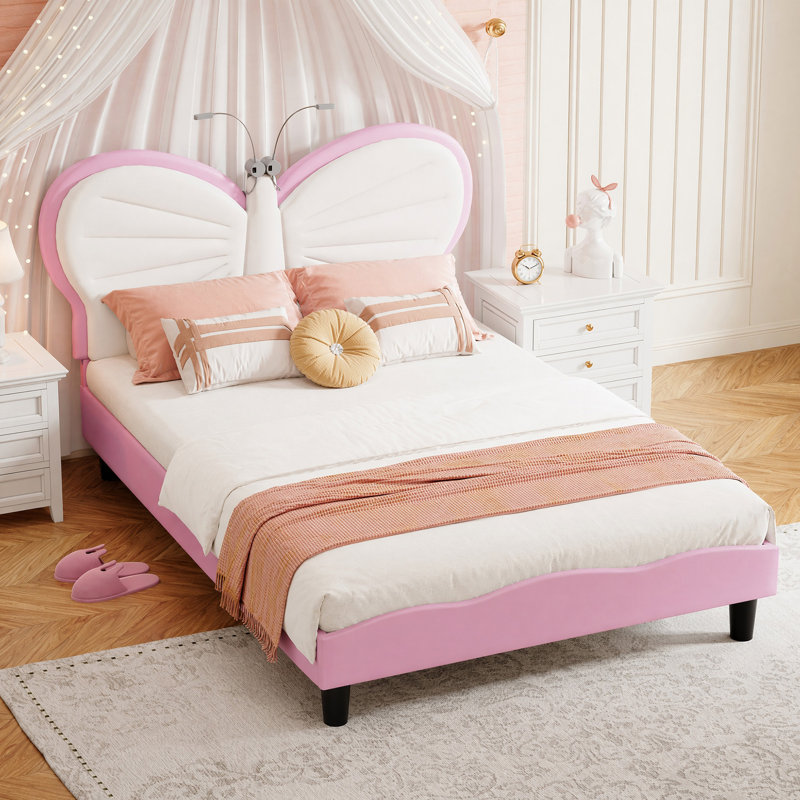 Girls Princess Velvet Bed Frame with Butterfly Headboard, Reading Lights, Small Double (4'), Pink
