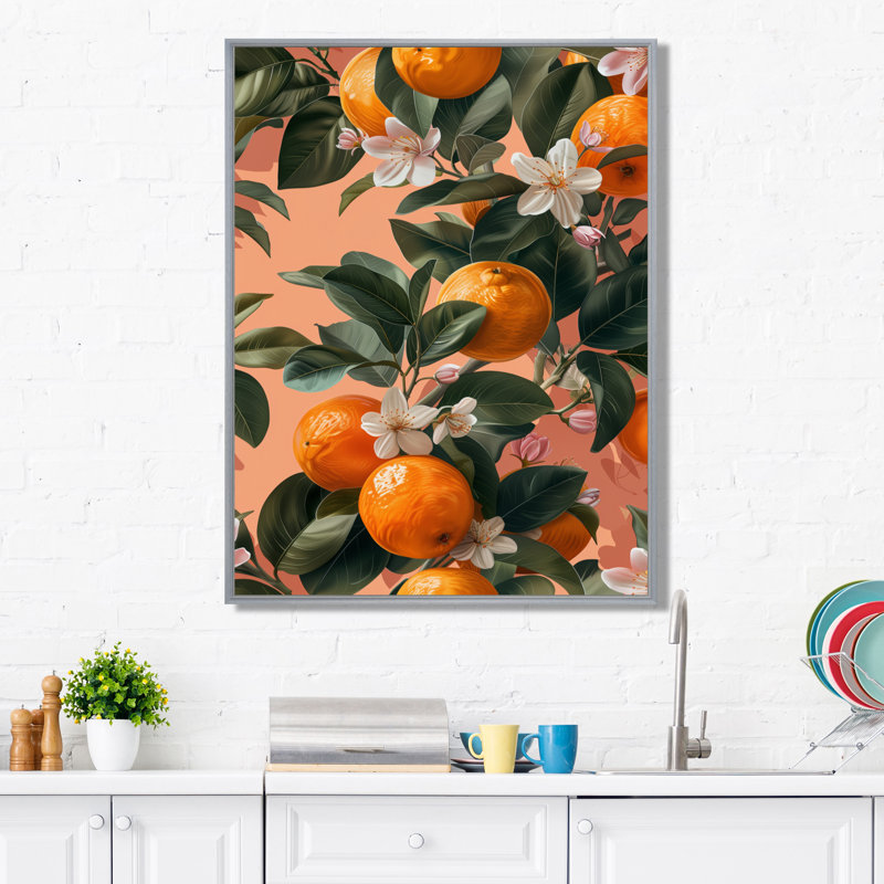 Décoration murale orange orange et arbres verts II - fruits, Encadrement argenté, H 24 po x l 32 po