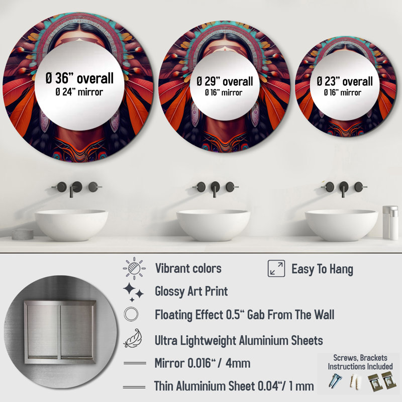 Purviance Colorful Native American Man II - Woman Large Mirror, Modern Round Unique Wall Mirror Decor, Printed Metal Art