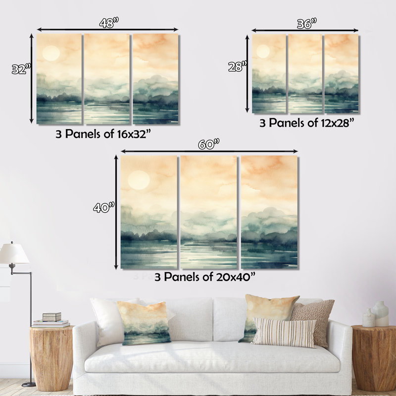 Lac, art mural sur toile, aquarelle rétro, coucher de soleil sur le lac, aquarelle rétro I, H 32 po x l 48 po x P 1 po